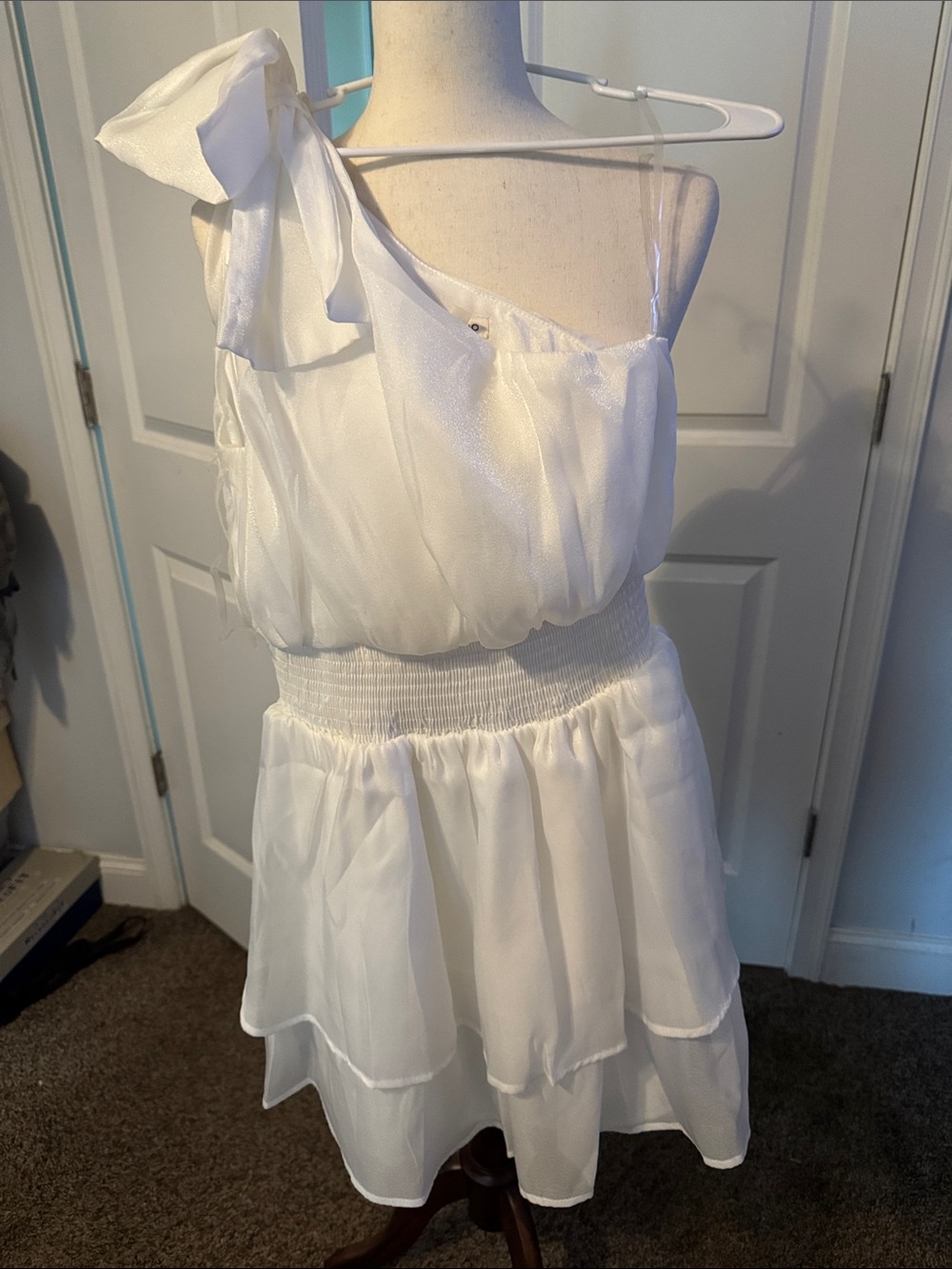 One-Shoulder White Ruffle Tiered Dress with Smocked Waist